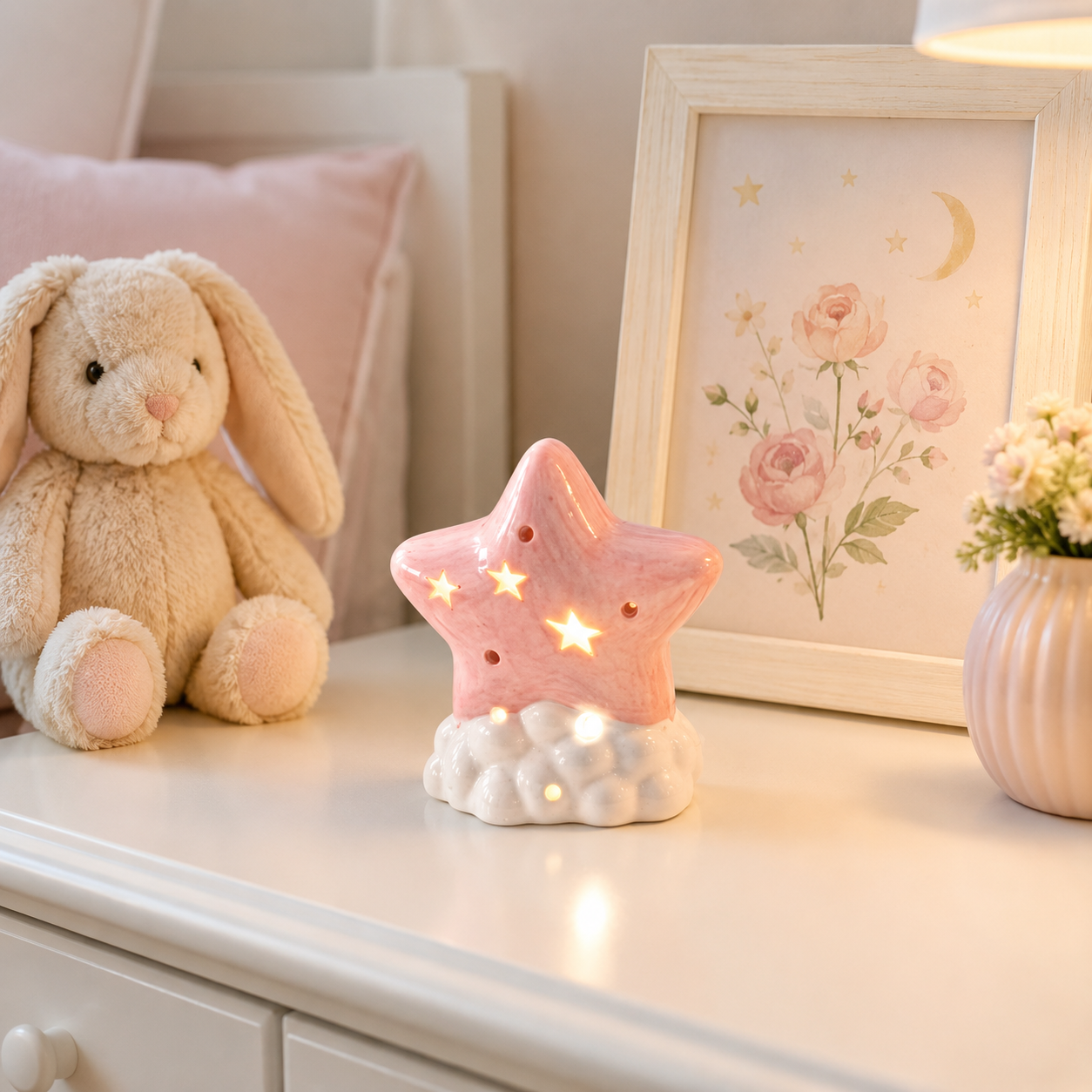 Pink Ceramic Star Night Light with Ribbon Gift Box