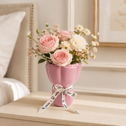 Pink Mini Ruffled Ceramic Vase with Ribbon