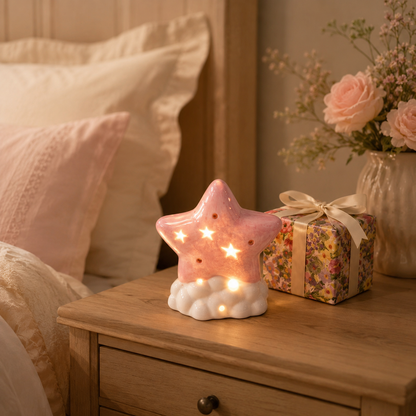 Pink Ceramic Star Night Light with Ribbon Gift Box