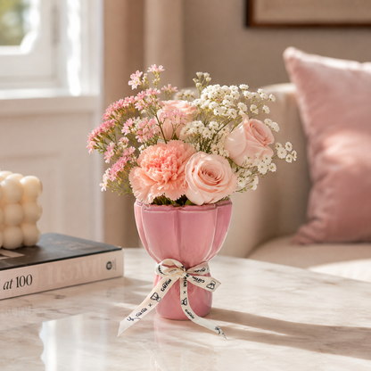 Pink Mini Ruffled Ceramic Vase with Ribbon