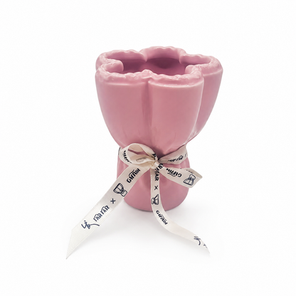Pink Mini Ruffled Ceramic Vase with Ribbon
