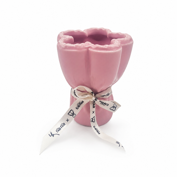Pink Mini Ruffled Ceramic Vase with Ribbon
